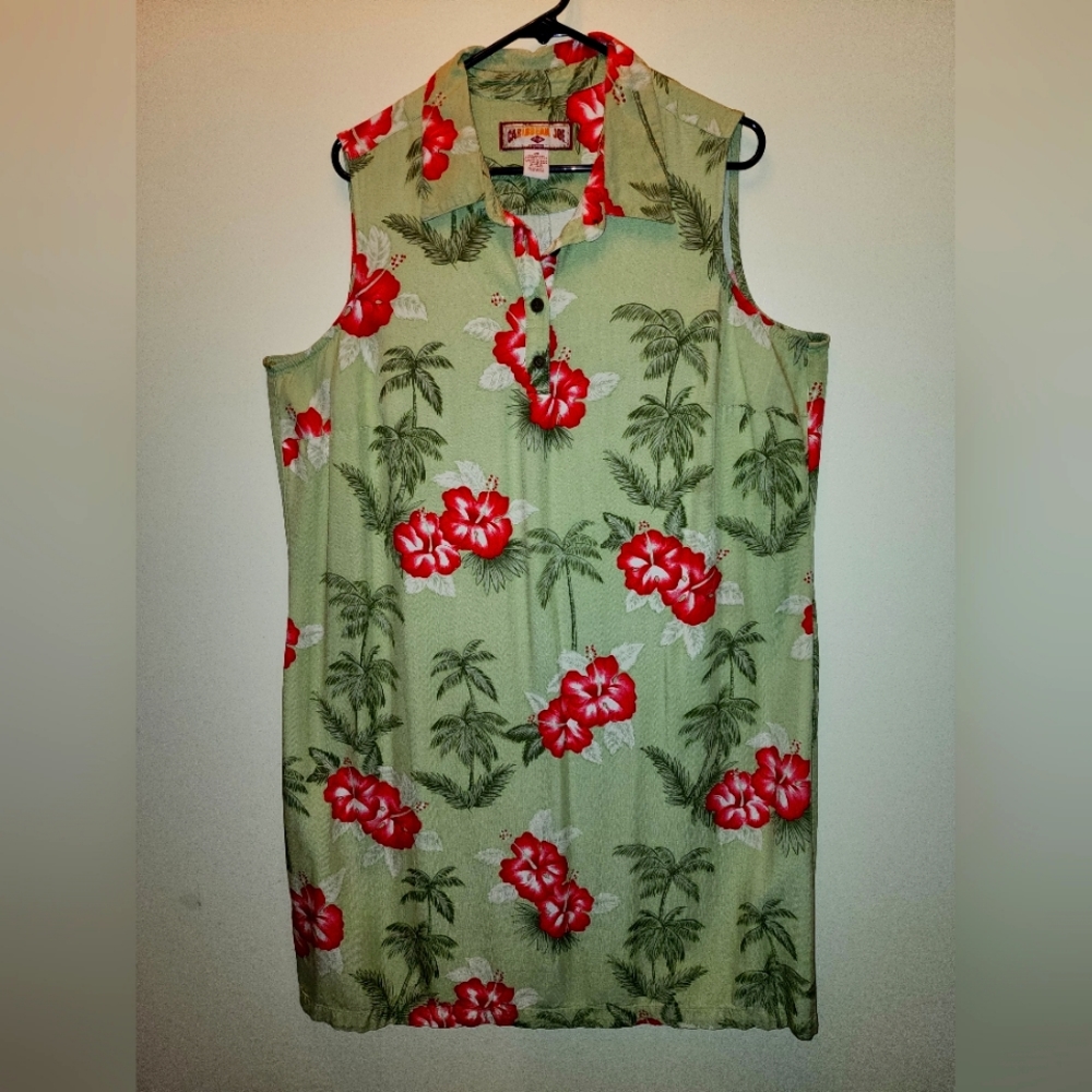 Vintage Caribbean Joe dress. 2x NWOT. TROPICAL GREEN WITH HIBISCUS FLOWERS.